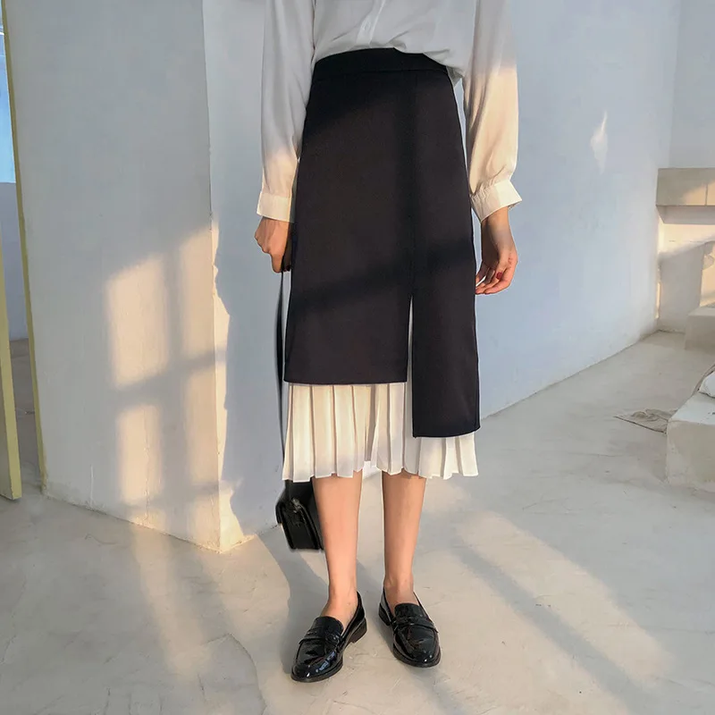 

Irregular pleated skirts new loose-fitting high-waisted mid-length Elegant Fashion Black and white patchwork Polyester Elegant