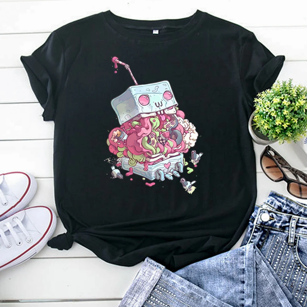 T-Shirts Kawaii Ice Cream Machine Cartoon Image Woman Tshirt Casual Punk T Shirt For Women Crewneck Harajuku Short Sleeve Tops