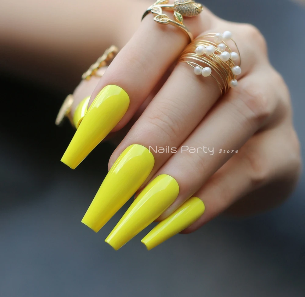 Uñas acrílicas UV, uñas largas de lujo, color amarillo neón, salón de  belleza, gel Extra, fasle, blancas|Uñas postizas| - AliExpress