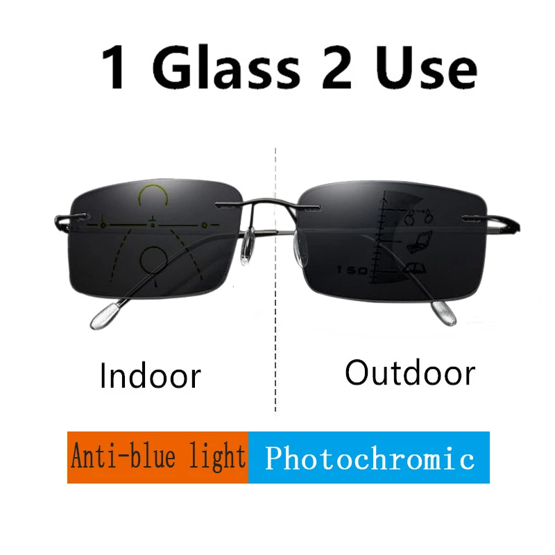 

Ultra Thin Rimless Titanium Photochromic multifocal reading glasses men women anti-blue Ray Progressive presbyopic glasses 1.5