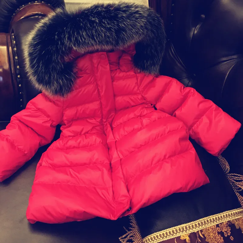 Высокое качество, зимнее пуховое пальто для девочек Детская куртка с капюшоном с натуральным лисьим мехом, детская плотная верхняя одежда для девочек и мальчиков, топы, парки
