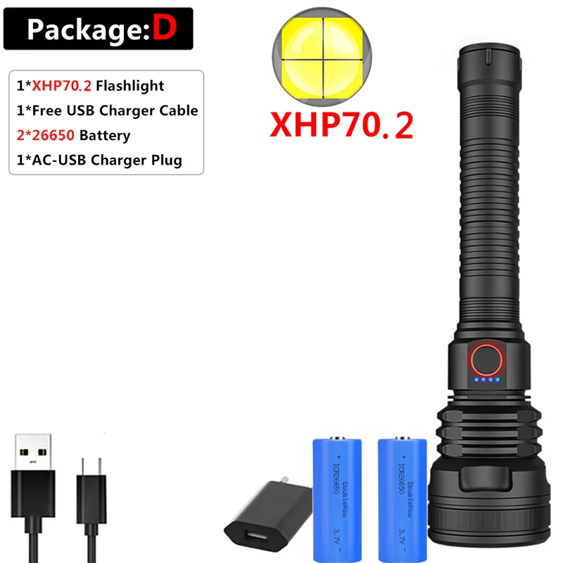 Package D Самый мощный светодиодный светильник-вспышка, перезаряжаемый через USB фонарь XHP50 XHP70, ручная Лампа 18650, 26650 аккумулятор, светильник-вспышка - Испускаемый цвет: Package D