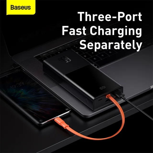 Baseus 65W Power Bank 20000mAh with Type C Two-Way Cable External Battery for Phone and Notebook, Three-Port Fast charging 2