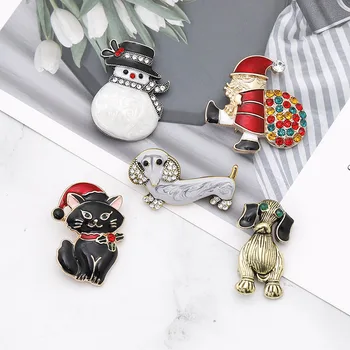 

Christmas New Year Snowman Santa Claus Dog Brooch Badges with Rhinestone Corsage Gifts Banquet Pins Party Decorations Badge 1PC