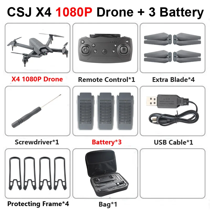 CSJ X4 Foldable Profissional Drone with 4K HD Camera WiFi FPV Optical Flow RC Helicopter Quadrocopter Kid Toy VS SG106 E520 GD89 - Цвет: X4 1080P 3B Bag