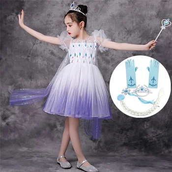

Snow Queen Elsa Costume Girl Princess Blue Fancy Party Dress Halloween Cosplay Costume Chritstmas Gift Long Gown Peagant