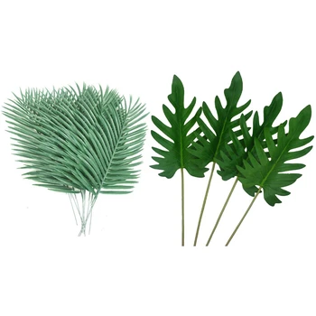 

10Pcs Artificial Palm Tree Faux Leaves Green Plants Greenery & 4Pcs Tropical Palm Leaves Decoration
