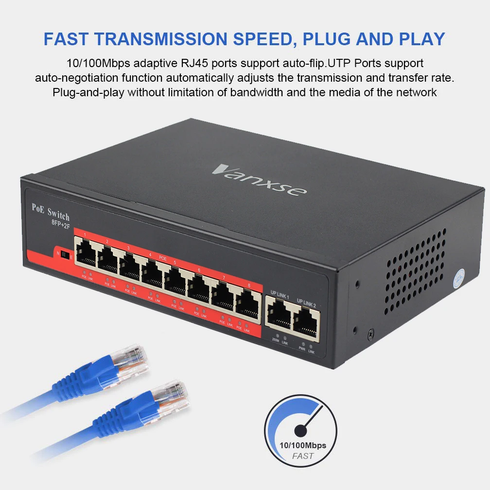 Uvusee 8+ 2 порта Быстрый Ethernet PoE коммутатор для IPTV, ip-камера, VoIP телефон, WiFi AP 10 портов система видеонаблюдения 100 Мбит/с