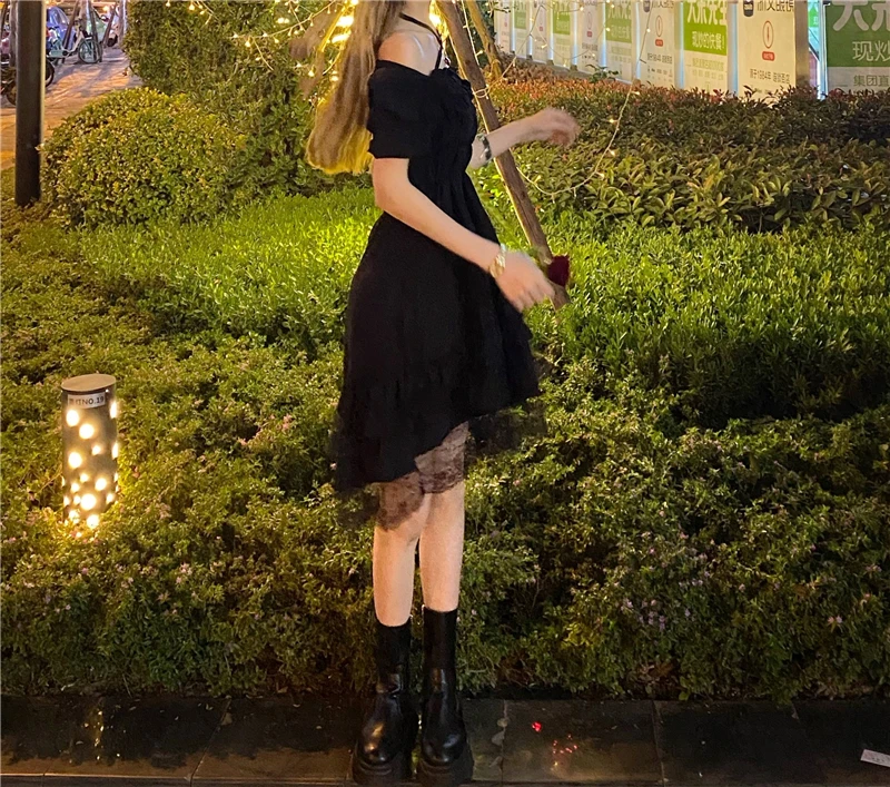 New Gothic Women Black Fairy Party Dress Cross Square Collar Lolita Princess Irregular Dress Cute Kawaii Lace Ruffles Chic Dress