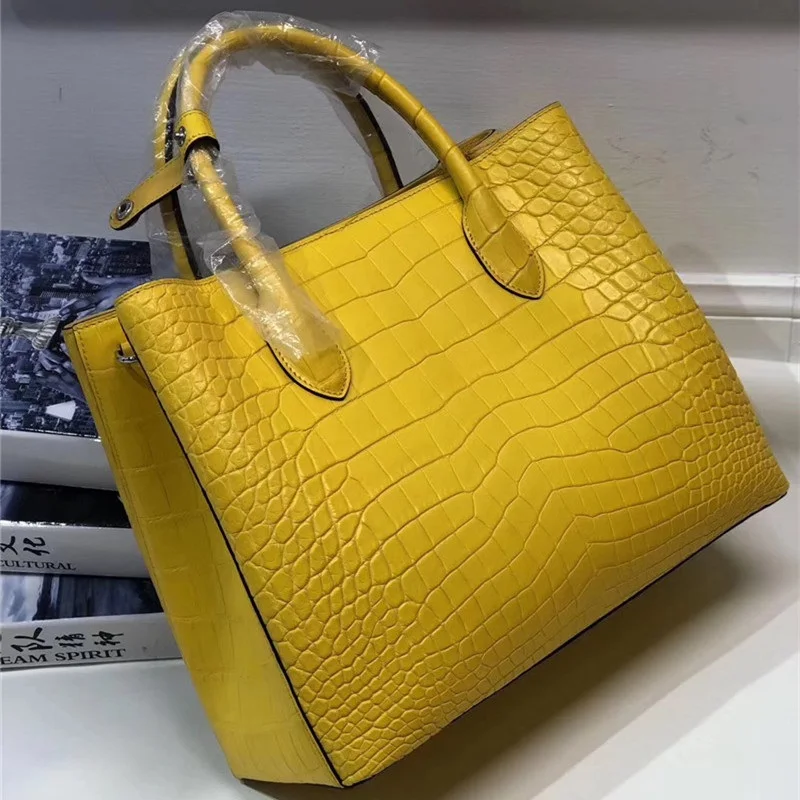 Bolso de piel auténtica de cocodrilo para mujer, cartera amarilla grande de  piel de cocodrilo auténtica, bolso de un solo hombro| | - AliExpress
