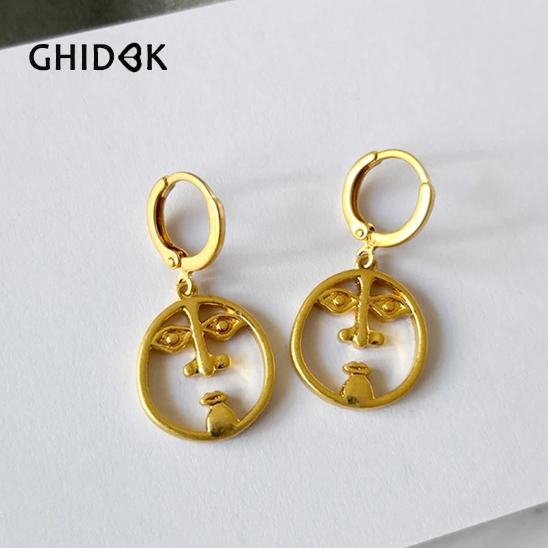 GHIDBK золотой полый абстрактный кулон с портретом серьги-кольца эффектные