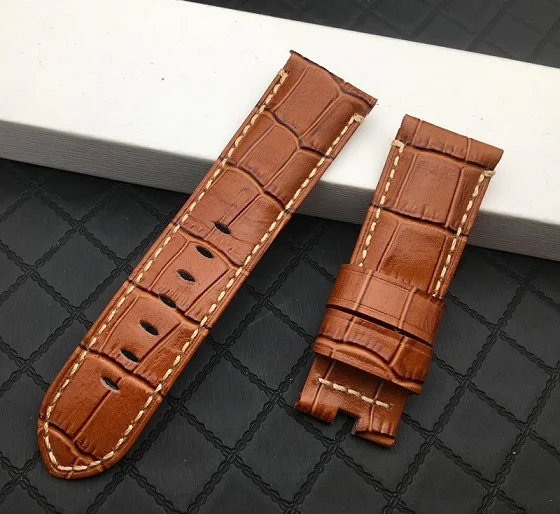 Brown beige line 24 мм желтый узор крокодила из натуральной бамбуковой кожи ремешок для Panerai ремень PAM441 Браслет Бабочка Пряжка Гравировка Логотип - Цвет ремешка: Brown beige line