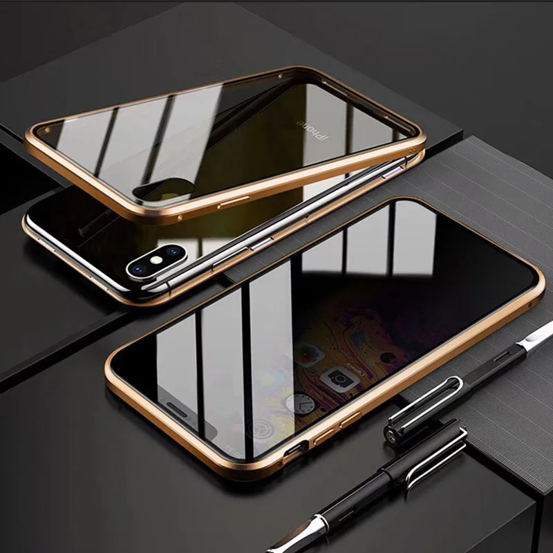 Gold for iP 7 8 Защитное покрытие магнитного экрана противоударный 360 ° Магнитный чехол для телефона двойное закаленное стекло анти-пип для iPhone X XS XR 6 7 8 - Цвет: Gold for iP 7 8