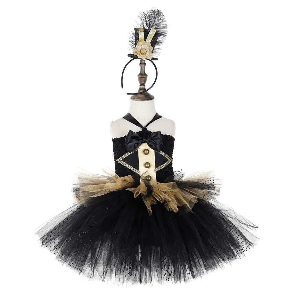 

Hot Selling Formal Dress Girls' Veil Dress Set Retro Billycock Black And Golden Late Formal Dress