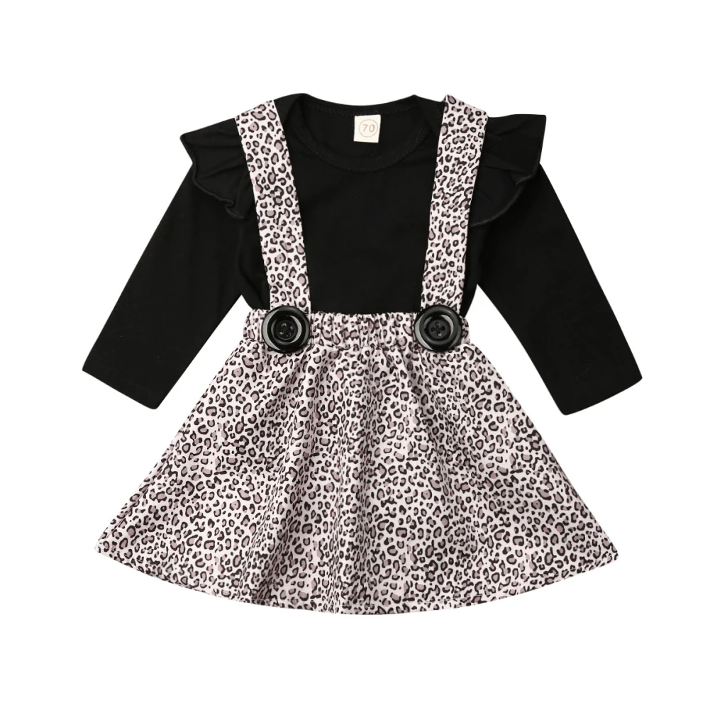 Эксклюзивная Одежда для девочек Одежда для маленьких девочек боди с длинными рукавами+ леопардовое платье с нагрудником, теплый комплект одежды
