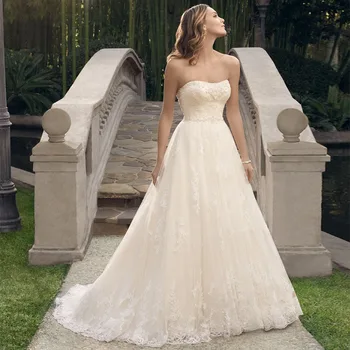 

Chapel Train Lace Appliques Tulle Bridal Ball Gown Vestidos De Novia 2019 New Design Strapless Custom Made Wedding Dress