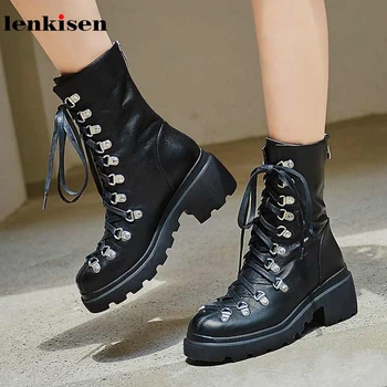 

Lenkisen genuine leather unique lace up rivets metal fasteners round toe high heels winter keep warm women mid-calf boots L63