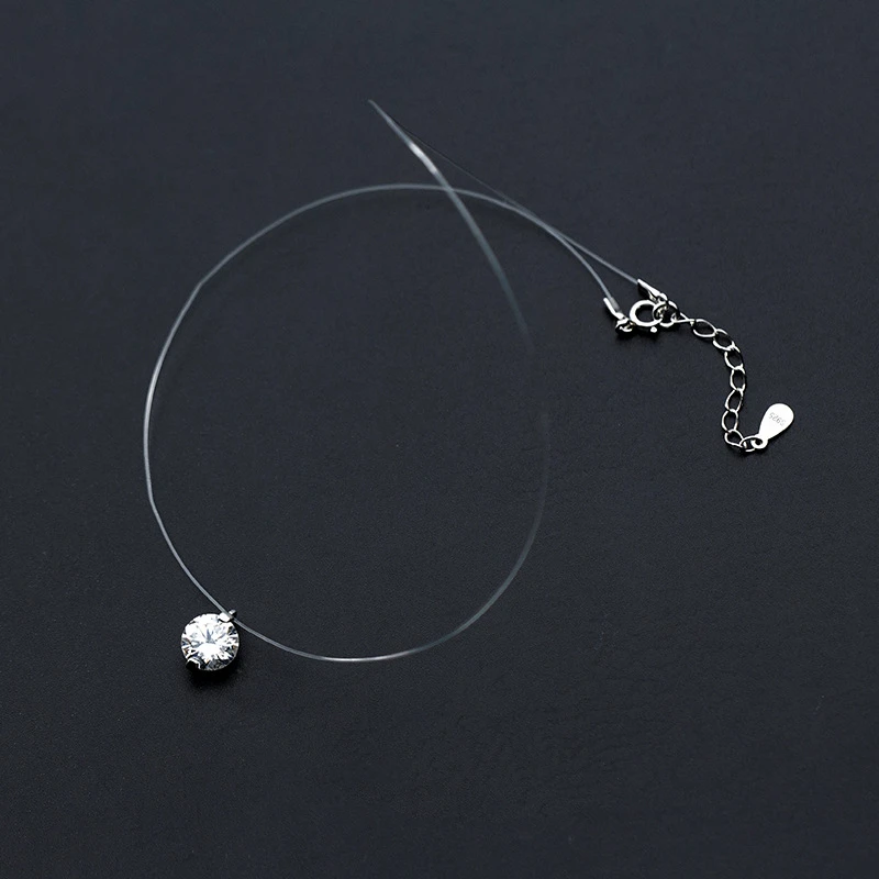Fashion 925 Sterling Silver 8mm Round Cubic Zirconia Stone Pendant Statement Transparent Fishing Line Choker Necklaces for Women
