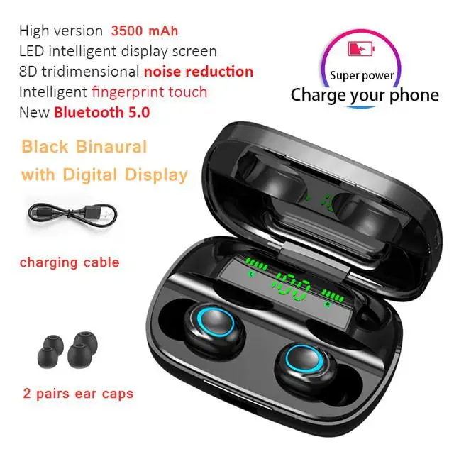 BEESCLOVER S11 TWS Bluetooth наушники Беспроводные спортивные наушники BT 5,0 Встроенный микрофон с 3500 мАч Дополнительный внешний аккумулятор цифровой дисплей d35 - Цвет: Black with LED