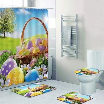 

Easter Household Rug 3D Digital Happy Basket Ball Printed Shower Curtain Floor Mat Bathroom Base Mat Toilet Mats