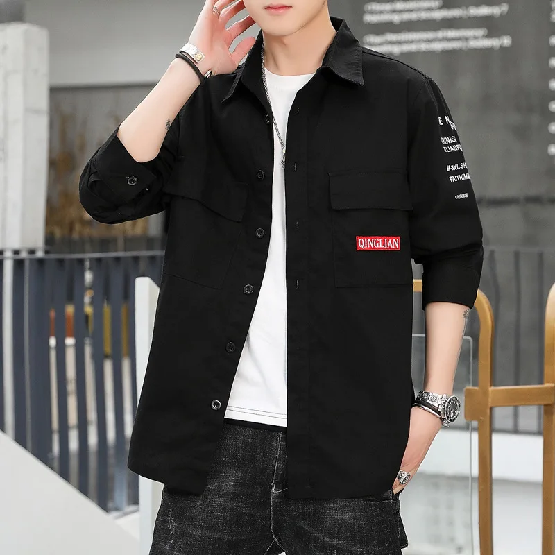 

Мужской кардиган, блестящая куртка с длинным рукавом, однотонная приталенная летняя универсальная уличная одежда с лацканами и надписью