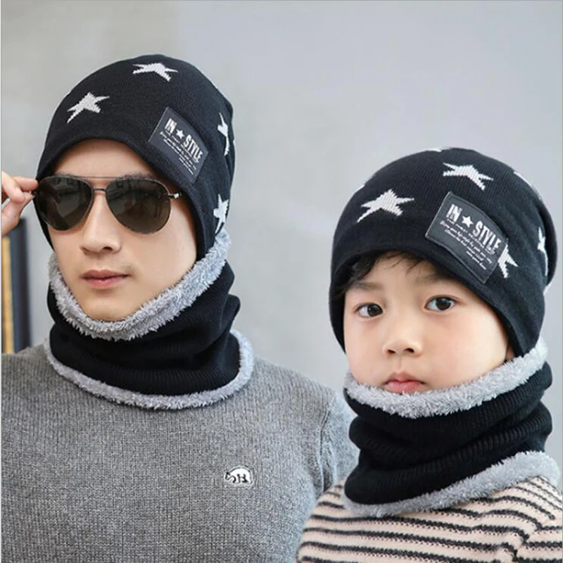 

2 Pcs Set Winter Beanie for Man Beanie Hat Kid Wool Warm Men Women Winter Hat Bonnet Knitted Hat Black