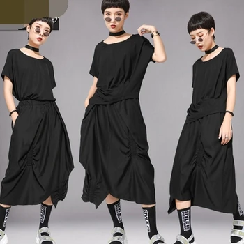 

European station summer dress casual suit, personality dark series large irregular short-sleeved t skirt two-piece suit