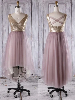 

Luxury Sequins Tops Tull Prom Gown V Neck High/Low Style A-line Party Dresses
