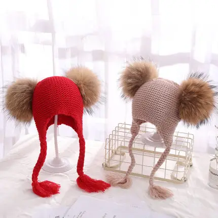 Вязаные шапочки с натуральным мехом енота для детей 1-5 лет, шапка с корсетом для мальчиков и девочек, детские повседневные хлопковые шапочки