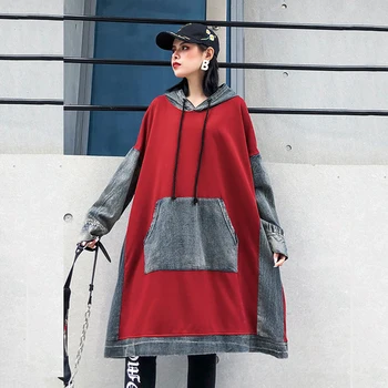 

Korea Loose Fit Red Denim Split Oversized Sweatshirt New Hooded Long Sleeve Women Big Size Fashion Tide Autumn Winter 2020 1K355