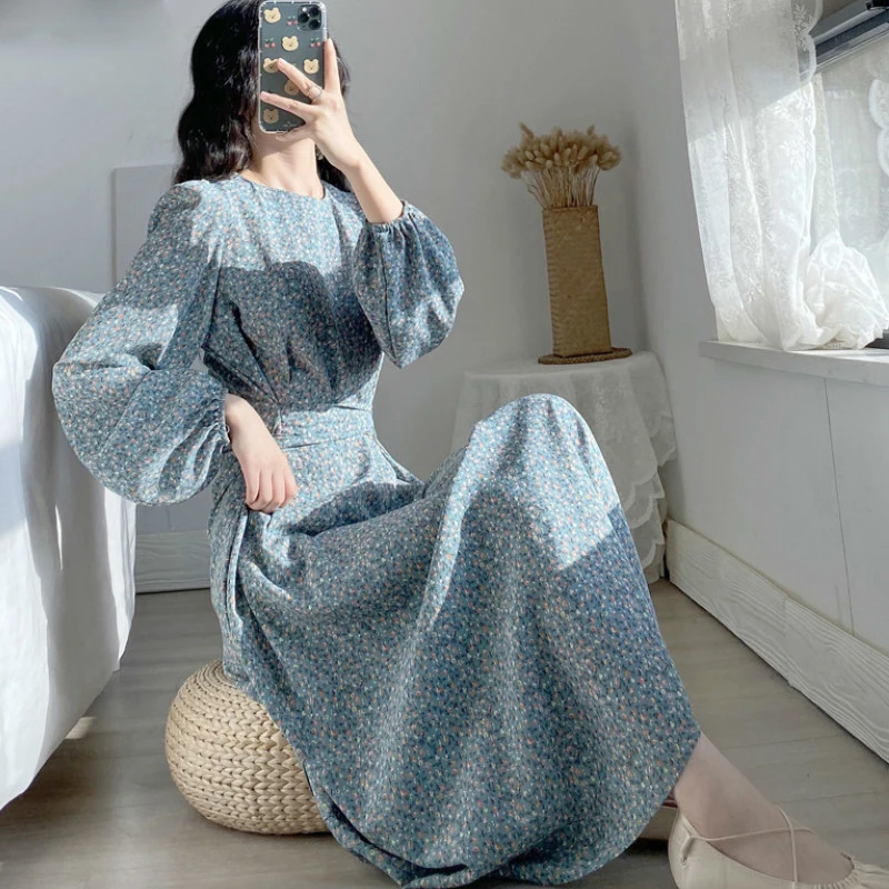 

Women's Spring O-neck Long Sleeve Dresses Floral Printing Drawstring Lace Up Literary Retro Long Dress Lantem Sleeve