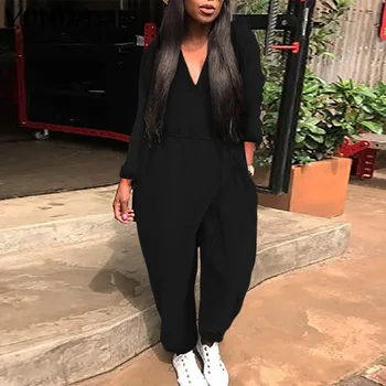 

VONDA Womens Black Jumpsuits Long Sleeve Deep V Neck Rompers Casual Solid Color Harem Long Pants Plus Size Pantalon Overalls