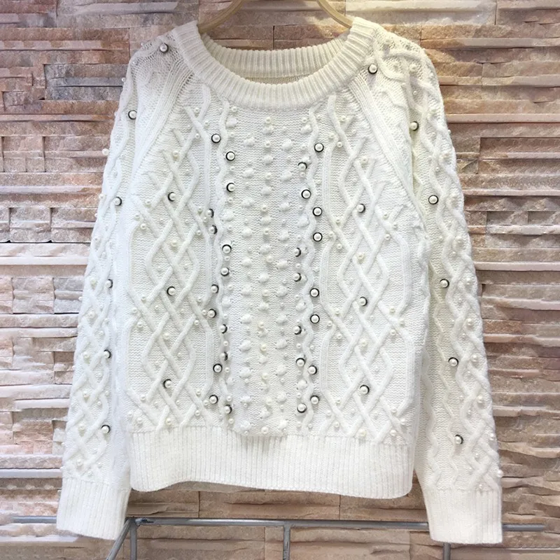 Белый вязаный пуловер, топы для женщин, круглый вырез, длинный рукав, жемчуг, бисер, вязаный свитер для женщин, весна и осень, элегантный женский свитер - Цвет: Белый
