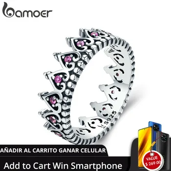 

BAMOER 925 Sterling Silver Romantic Stackable Crown Heart Pink CZ Finger Rings for Women Sterling Silver Jewelry Anel SCR257