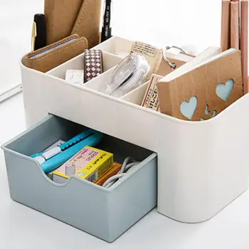 

Multi-functional Plastic Desk Organizer Box With Drawer Makeup Jewelry Cotton Desktop Holder Cosmetics storage box 3 Swabs U4C3