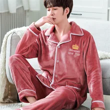 Men's Plus Size Suit Cardigan Coral Fleece Warm Home Service Autumn And Winter Thick Flannel Long-sleeved Pajamas Two-piece
