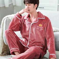 Men's Plus Size Suit Cardigan Coral Fleece Warm Home Service Autumn And Winter Thick Flannel Long-sleeved Pajamas Two-piece