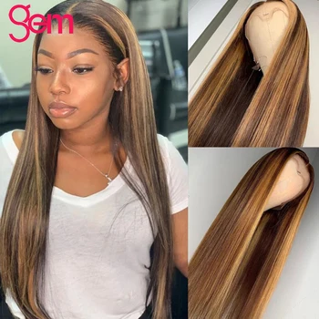 

Highlight Straight Lace Front Wig P4/27 Brown Honey Blonde Lace Front Human Hair Wigs GEM Peruvian Remy Straight Highlight Wig