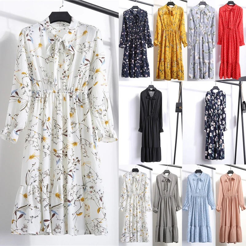 Women Boho Autumn Winter Floral Print Midi Dress Elegant Chiffion Dresses 2020 Fashion Long Sleeve Female Dress Vestidos A-line