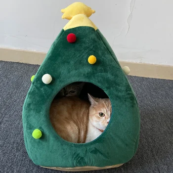 

Christmas Tree Shape Cat Cave Soft Kitten Puppy Dogs Kennel Detachable Cushion Mattress Plush Sleeping Indoor Bed House