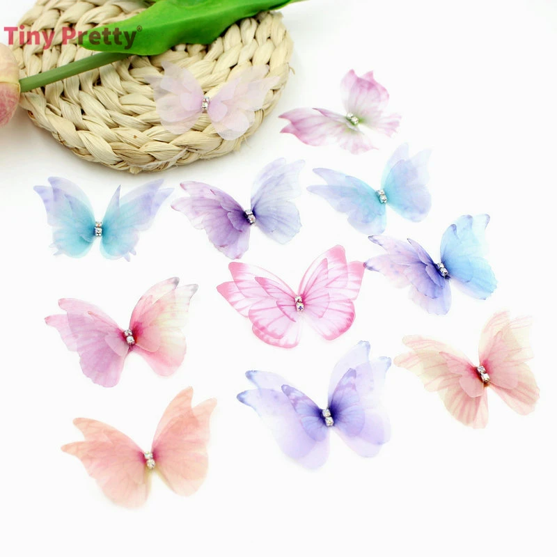 10pcs Handmade Three Layer Organza Butterfly w/ Rhinestone Three-Lay Butterfly Accessory for DIY Hair Jewelry Making jewelry making supplies craft supplies