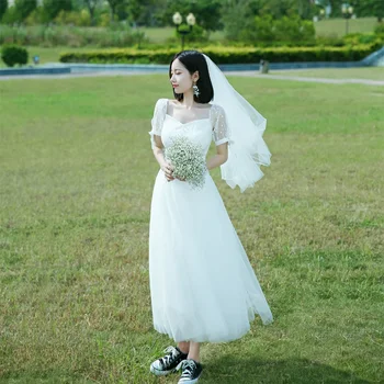 

New Bride Dress Lace Ankle Length Short Sleeves Square Collar Simple Korean Wedding Dresses Sweet boho jurk robe de mariage
