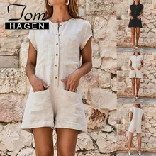 Том Хаген женский супер удобный комбинезон сплошной цвет свободные брюки спецодежда с карманами на пуговицах короткий рукав комбинезон