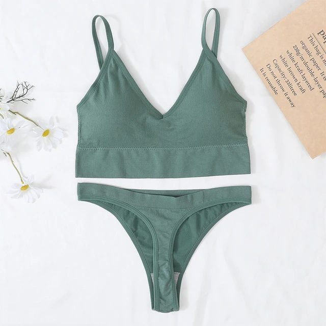 Women Bra And Panties Set Sports Bra Set Sexy G-String Seamless Bra Thong Sexy Lingerie Set Fitness Crop Top Underwear Intimates Brazilian green