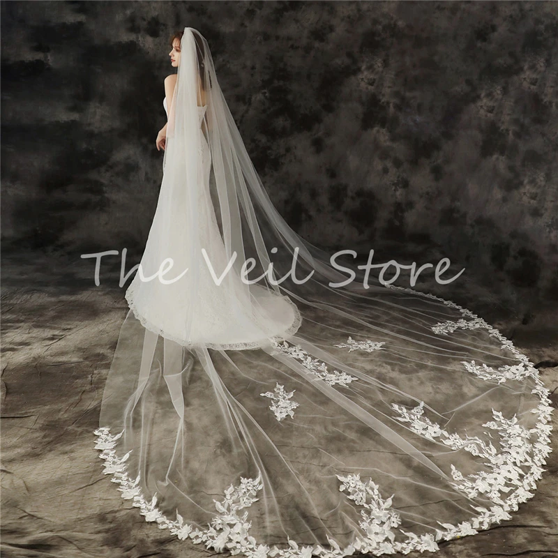 

One Layer Wedding Veils Lace Appliques Tulle Bridal veil for Brides Cathedral Long with Comb 3m 4m 5metres white Ivory Velos new