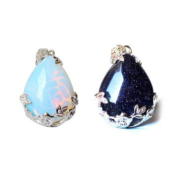 

2x Women Angel Tears Water Drop Semi-Precious Gemstones Pendant -Blue sandstone & Opal