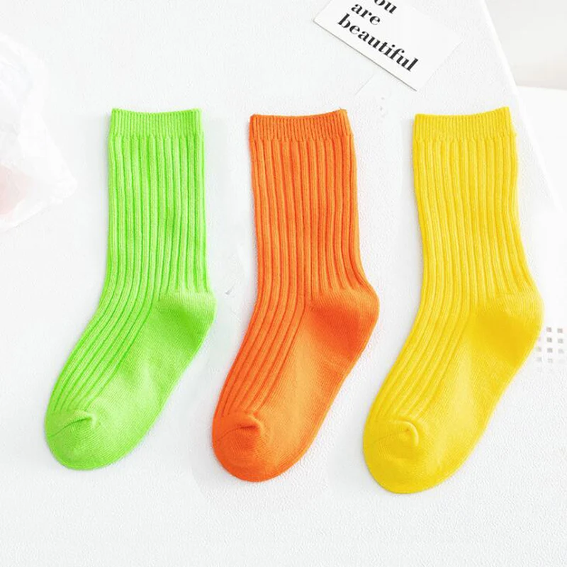 3 Pairs Autumn Winter Children Socks Boys Girls Soft Double Needle Cotton Tube Socks Solid Candy Color Sport