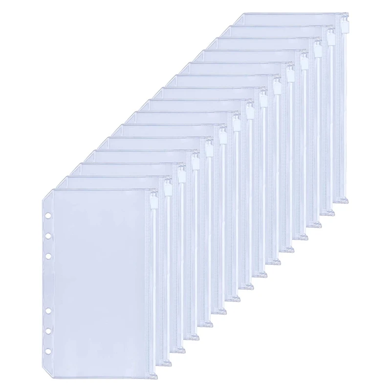 A6 6 Holes Binder Pockets Clear PVC Binder Envelopes Zipper Binder Pouches for A6 Notebook