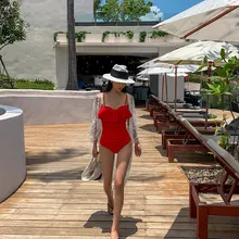 Купальный костюм, корейский сексуальный цельный купальник для женщин, Одноцветный купальник с открытой спиной, красный купальный костюм с открытой спиной, Женский Монокини