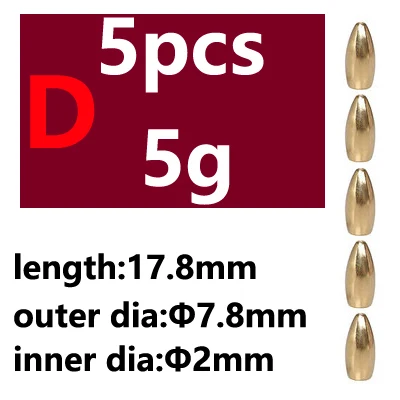 5pcs Saltwater Fishing Bullet Shape Copper Weights Metal Jig Head Deep Water Sinkers For Hook Lure Texas Rig Tackle Accessories - Цвет: 5pcs D type 5g